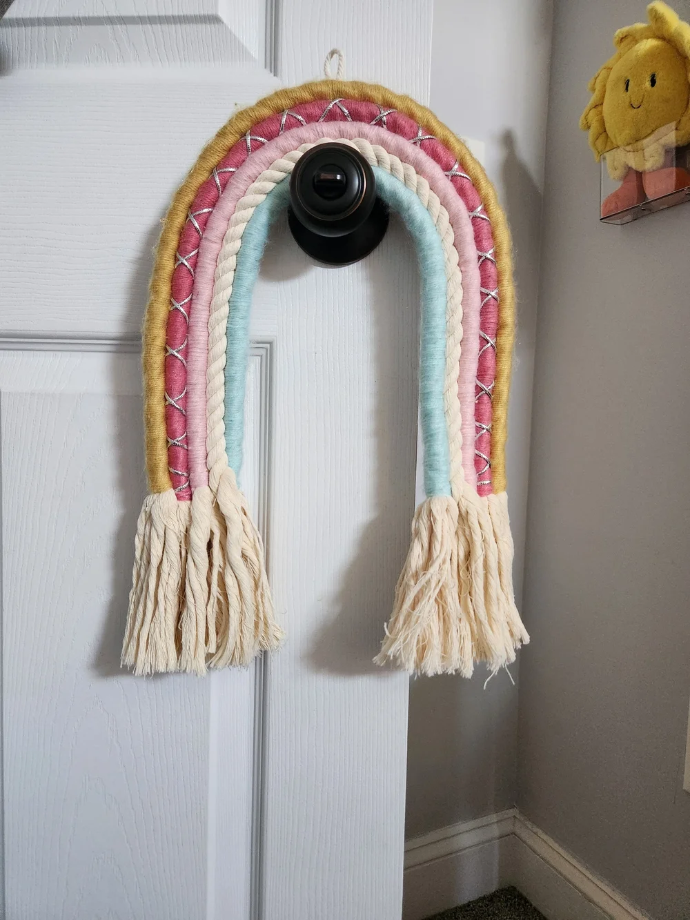 Handmade Cotton Rainbow Wall Hanging in Pink, Yellow & Light Blue